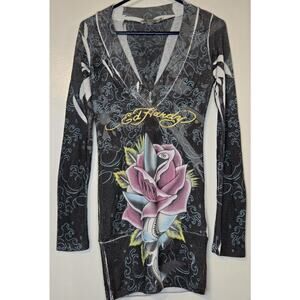 Vintage Y2K Ed Hardy Womens Sweater Gray Pullover Floral Dress Shark Rose XS AOP